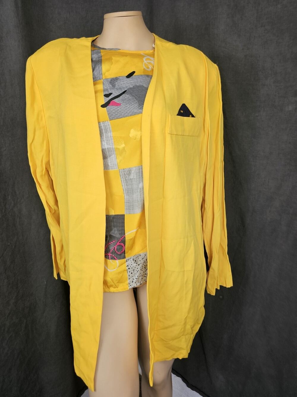 Vintage 80s 90s Colorblock Checkerboard Skirt Suit Set Yellow Abstract Graphic L